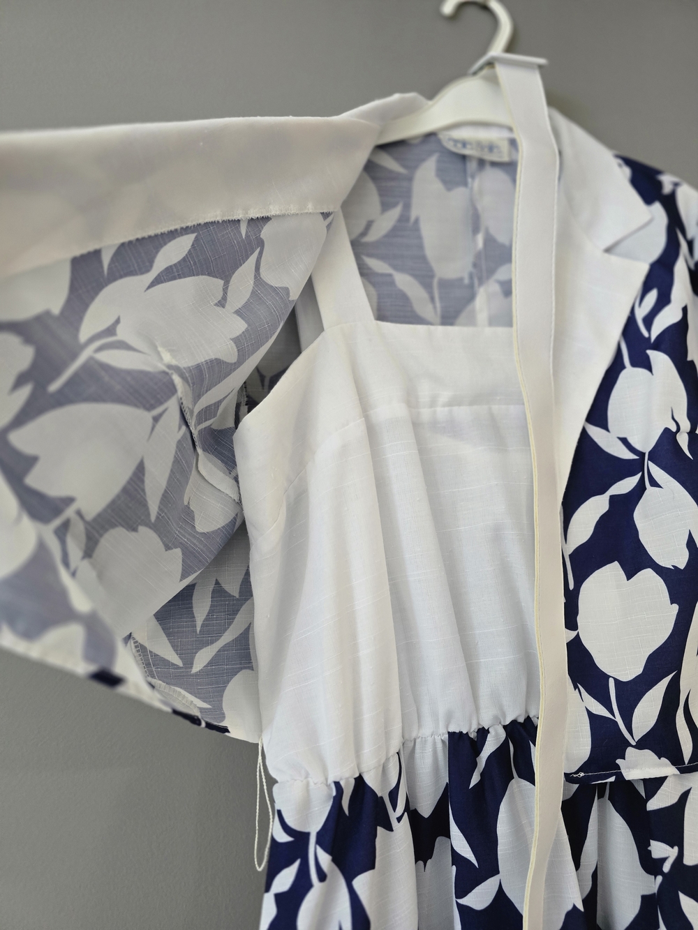 Vintage Navy & White Floral Midi Belted Dress with Square Neckline And Bolero